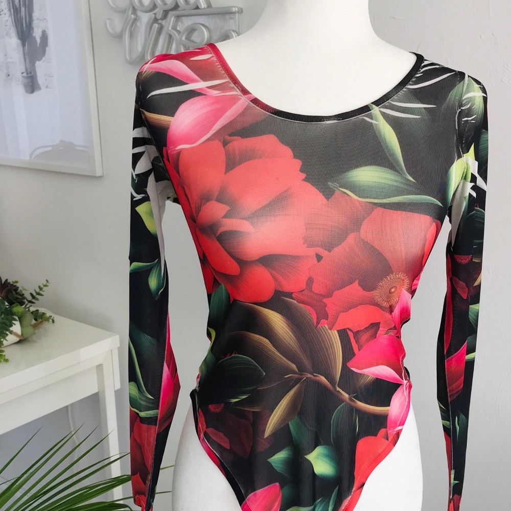 Sheer floral body suit red flowers